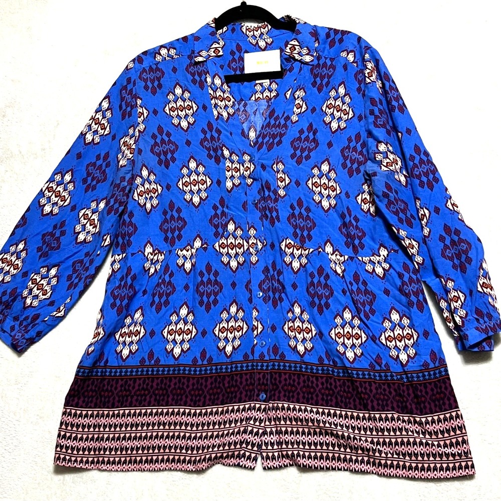 MAEVE  Anthropologie Woodland Walk Shirt Southwestern Boho Button Up Blue Aztec